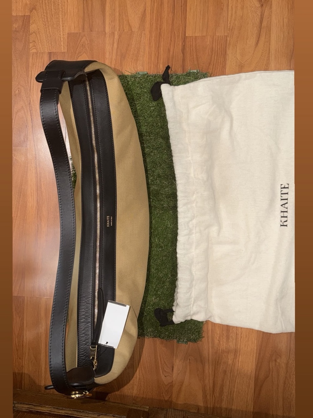 KHAITE Tan Canvas Crescent Bag with Black Leather Trim - Picture 4 of 7